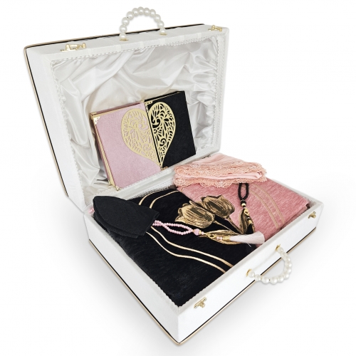 �eyizlik �iftler i�in Kadife Kapl� Sand�kl� Namaz Seti - Beyaz