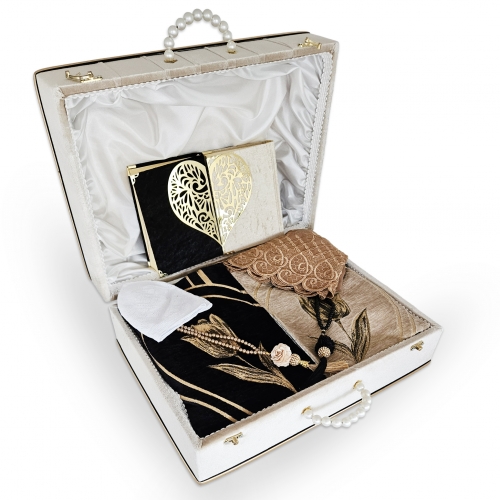 �eyizlik �iftler i�in Kadife Kapl� Sand�kl� Namaz Seti - Bej